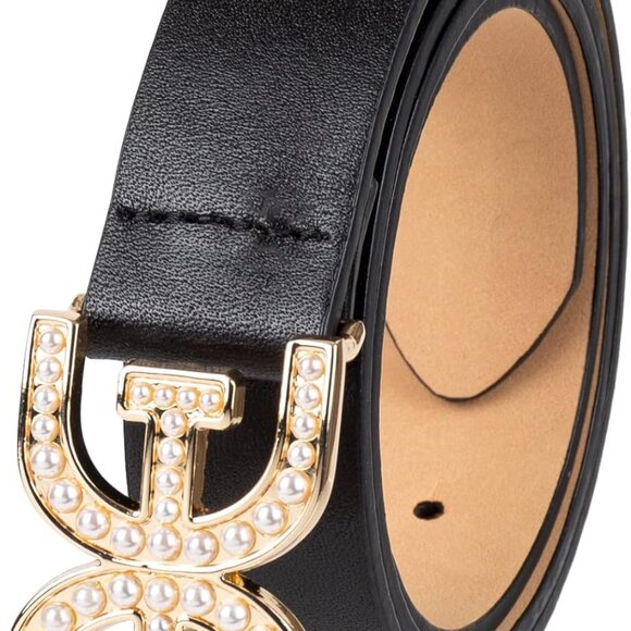 Women's Leather Belt Pearl Embellished Double-E Logo Buckle for Jeans Dresses - Picture 3 of 5